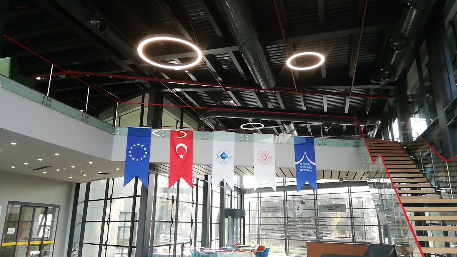 Atrium of the BULifeSci centre at Boğaziçi University, with EU, Turkish, university, ministry and Competitive Sectors Programme banners